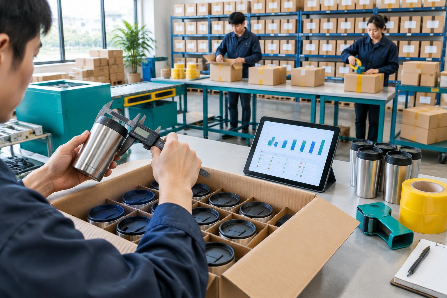 Illustration of product checks and packing in a China sourcing workshop